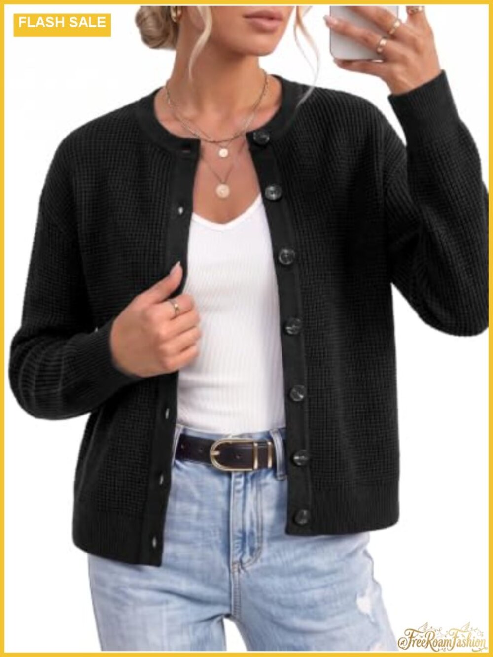 Chunky Knit Button Up Cardigan Crew Neck Long Sleeve Cotton